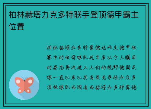 柏林赫塔力克多特联手登顶德甲霸主位置