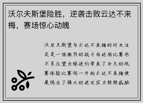 沃尔夫斯堡险胜，逆袭击败云达不来梅，赛场惊心动魄